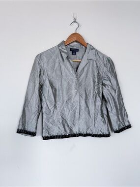 Vintage VTG Ann Taylor 100% Silk Silver Button Down Beaded Blouse Collared